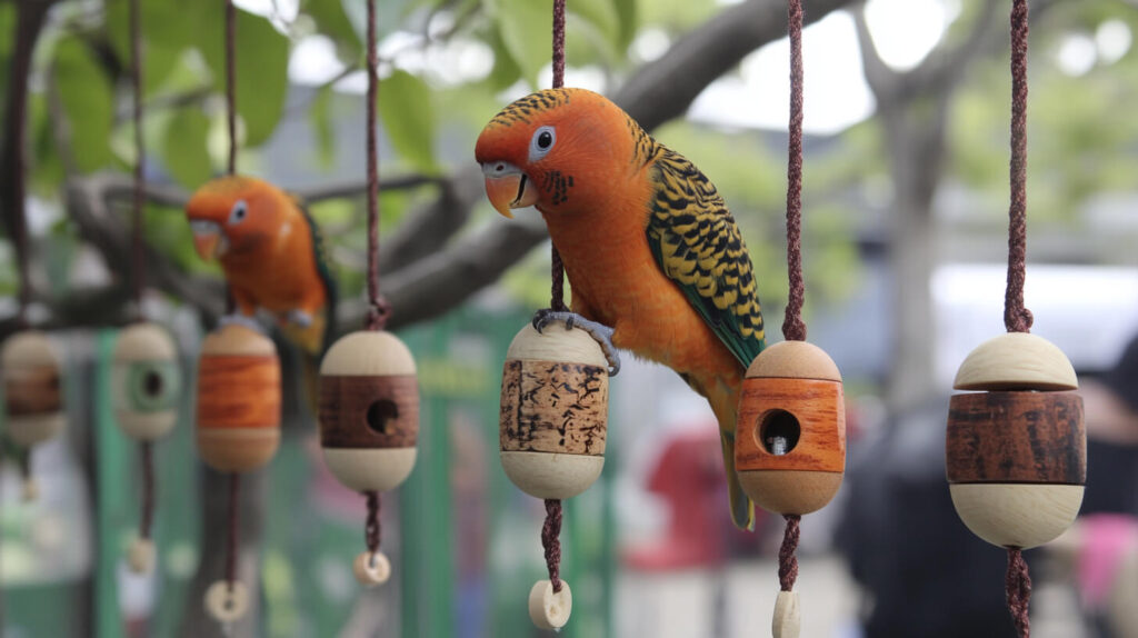 Papegaai zittend op vogelspeelgoed in vrije buitenlucht